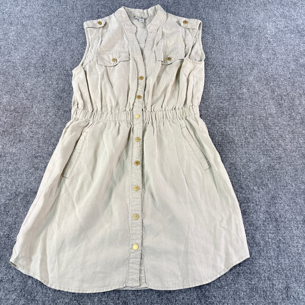 GUESS Women Beige 100% Linen Sleeveless Button Front Utility Shirt Dress Small